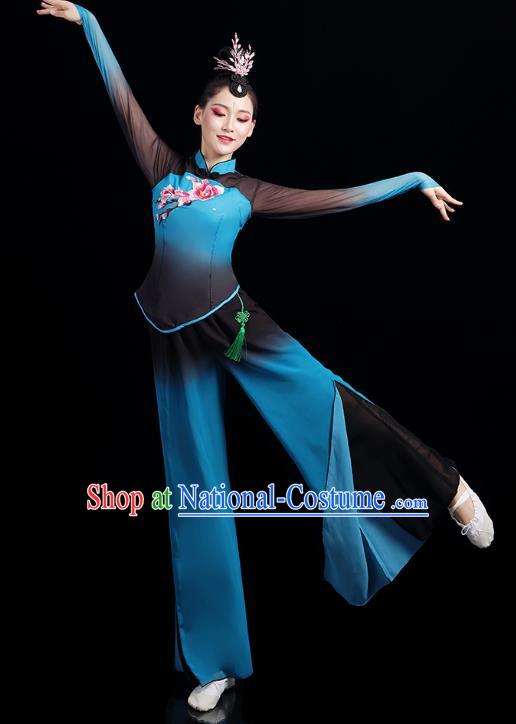 China Folk Dance Competition Clothing Group Fan Dance Costume Yangko Dance Blue Outfits