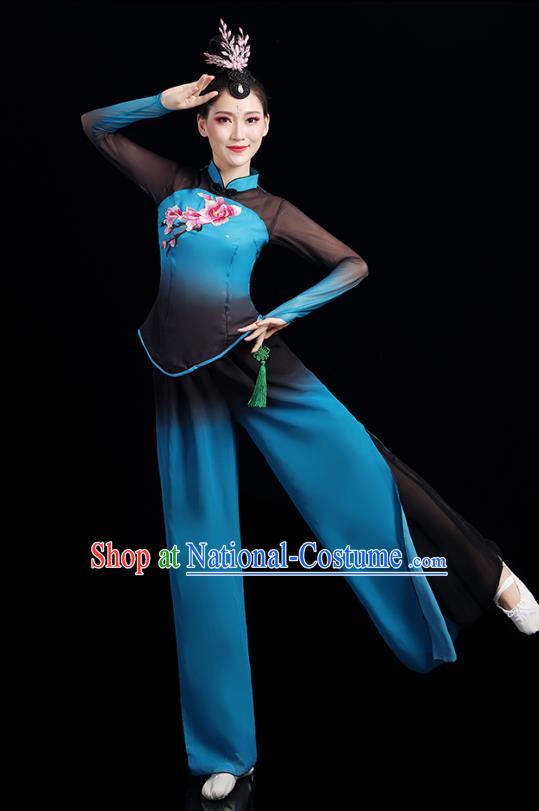 China Folk Dance Competition Clothing Group Fan Dance Costume Yangko Dance Blue Outfits