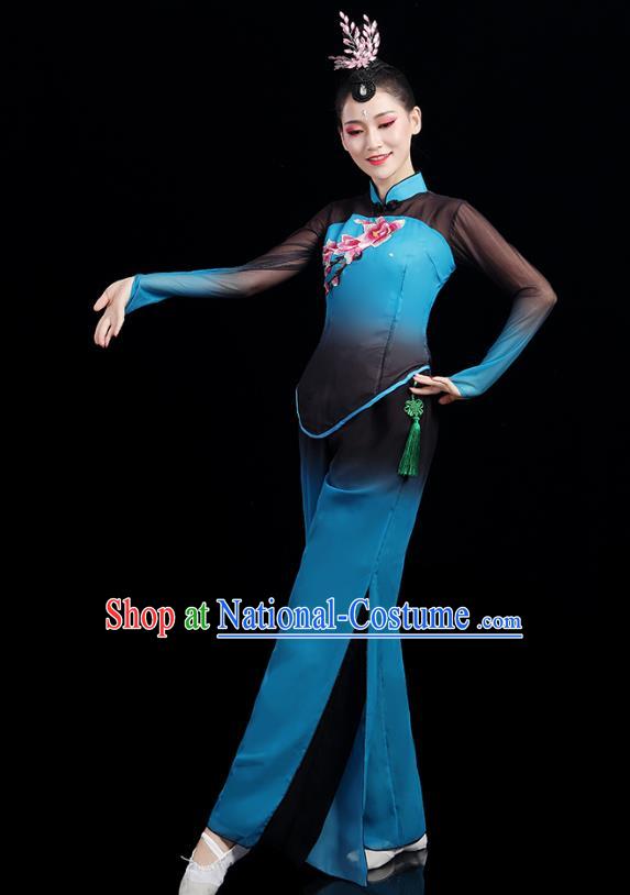 China Folk Dance Competition Clothing Group Fan Dance Costume Yangko Dance Blue Outfits