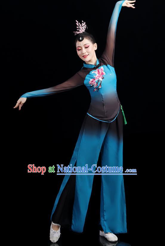 China Folk Dance Competition Clothing Group Fan Dance Costume Yangko Dance Blue Outfits