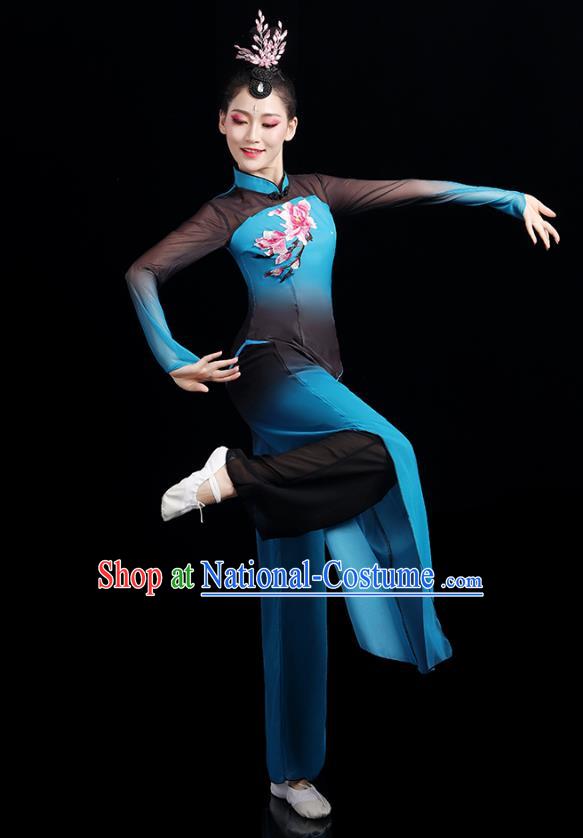 China Folk Dance Competition Clothing Group Fan Dance Costume Yangko Dance Blue Outfits