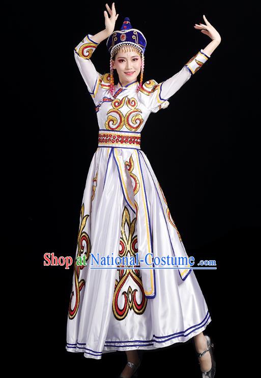 Chinese Traditional Mongol Nationality Folk Dance Costumes Mongolian Ethnic Minority Woman White Dress