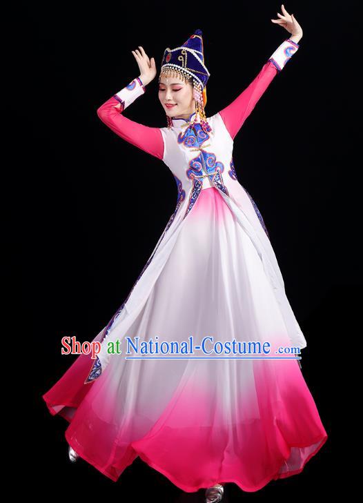 Chinese Mongolian Ethnic Minority Stage Performance Pink Dress Traditional Mongol Nationality Folk Dance Costumes