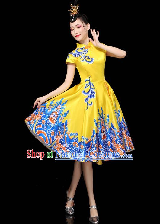 China Group Dance Modern Dance Clothing Spring Festival Gala Opening Dance Performance Yellow Short Dress