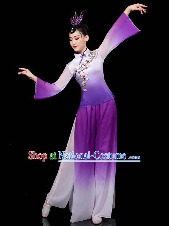 China Traditional Fan Dance Costume Folk Dance Embroidered Purple Outfits Yangko Dance Performance Clothing