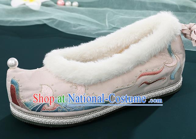 China National Woman Winter Shoes Traditional Ming Dynasty Princess Shoes Ancient Hanfu Embroidered Bow Shoes