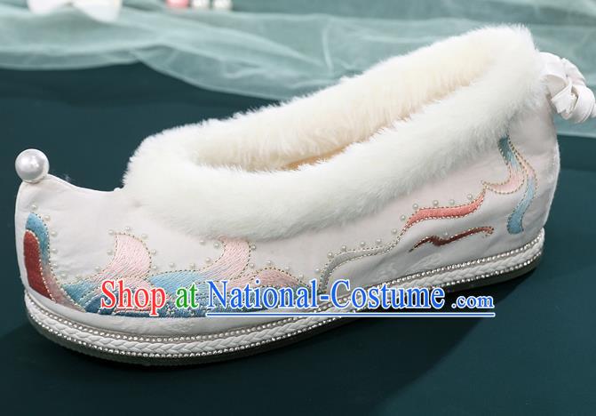 China Ancient Hanfu Embroidered Bow Shoes National Woman Winter White Cloth Shoes Traditional Ming Dynasty Princess Shoes