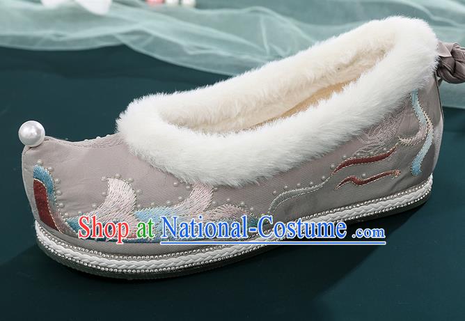 China Traditional Ming Dynasty Princess Shoes Ancient Hanfu Embroidered Grey Bow Shoes National Woman Winter Cloth Shoes