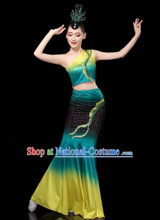 Chinese Yunnan Ethnic Stage Performance Green Dress Traditional Dai Nationality Peacock Dance Costumes