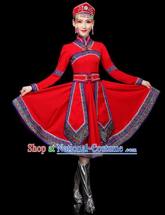 Chinese Mongolian Ethnic Stage Performance Red Dress Traditional Mongol Nationality Minority Dance Costumes