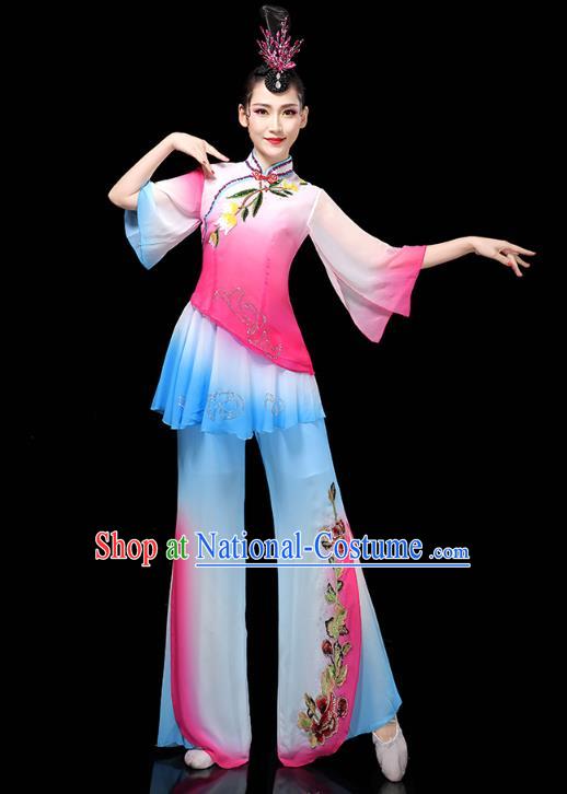 China Traditional Fan Dance Costume Folk Dance Performance Rosy Outfits Yangko Dance Clothing