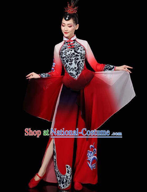 China Traditional Fan Dance Performance Costume Folk Dance Red Outfits Yangko Group Dance Clothing