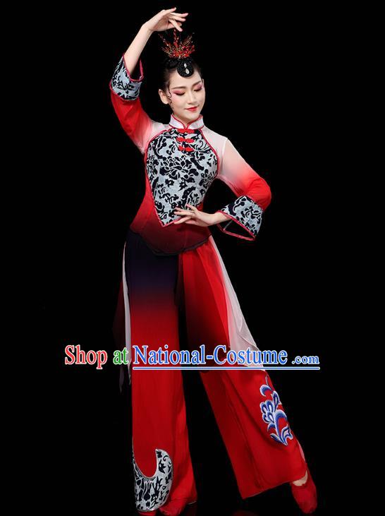 China Traditional Fan Dance Performance Costume Folk Dance Red Outfits Yangko Group Dance Clothing