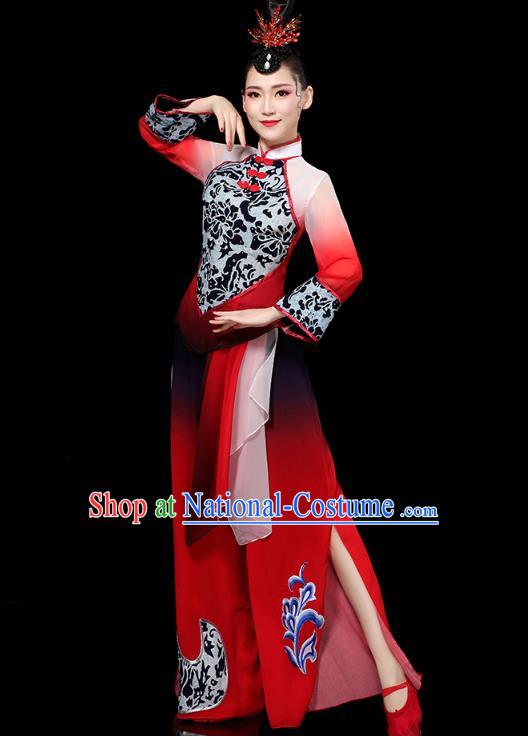 China Traditional Fan Dance Performance Costume Folk Dance Red Outfits Yangko Group Dance Clothing