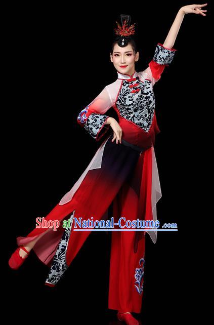 China Traditional Fan Dance Performance Costume Folk Dance Red Outfits Yangko Group Dance Clothing