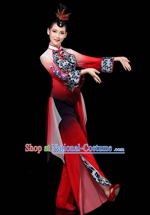 China Traditional Fan Dance Performance Costume Folk Dance Red Outfits Yangko Group Dance Clothing