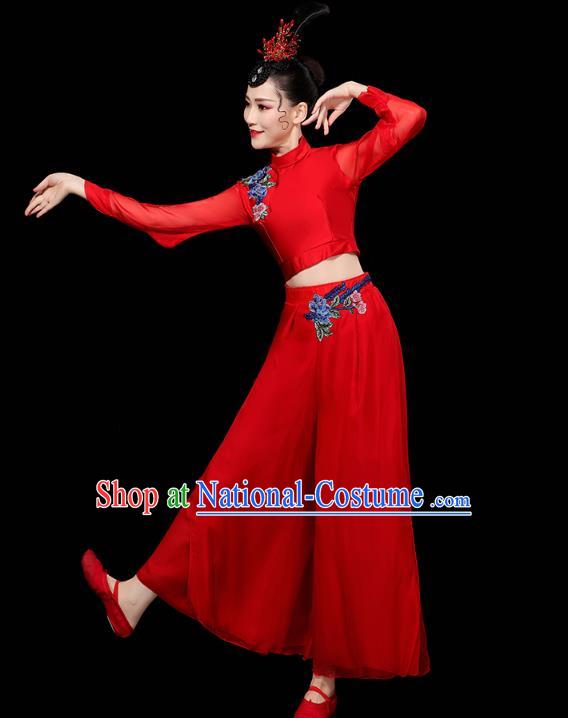 China Traditional Yangko Group Dance Clothing Fan Dance Costume Folk Dance Red Chiffon Outfits