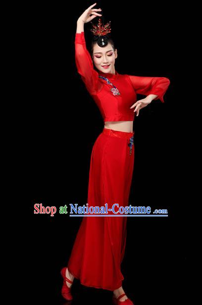 China Traditional Yangko Group Dance Clothing Fan Dance Costume Folk Dance Red Chiffon Outfits