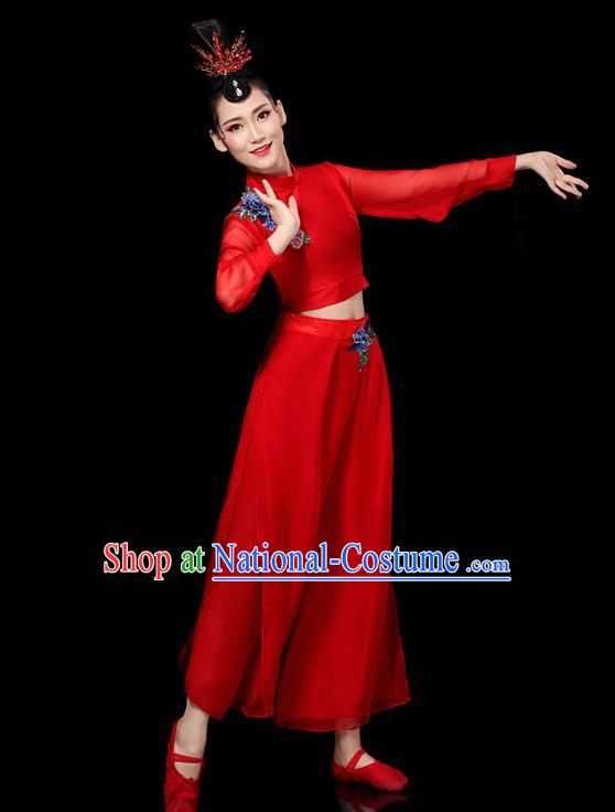 China Traditional Yangko Group Dance Clothing Fan Dance Costume Folk Dance Red Chiffon Outfits