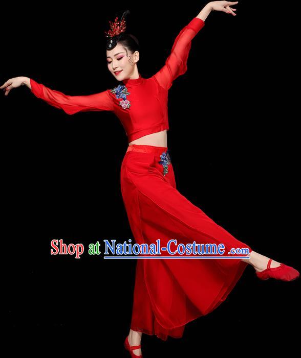 China Traditional Yangko Group Dance Clothing Fan Dance Costume Folk Dance Red Chiffon Outfits