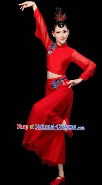 China Traditional Yangko Group Dance Clothing Fan Dance Costume Folk Dance Red Chiffon Outfits