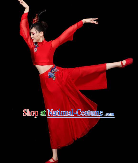 China Traditional Yangko Group Dance Clothing Fan Dance Costume Folk Dance Red Chiffon Outfits