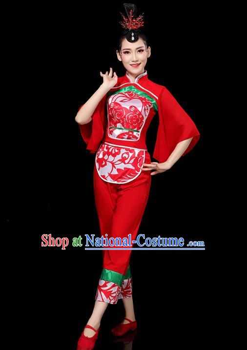 China Folk Dance Drum Dance Red Outfits Traditional Yangko Dance Clothing Fan Dance Costume