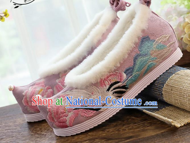 China Traditional Embroidered Cloud Crane Shoes Handmade Winter Pink Cloth Shoes National Woman Hanfu Shoes