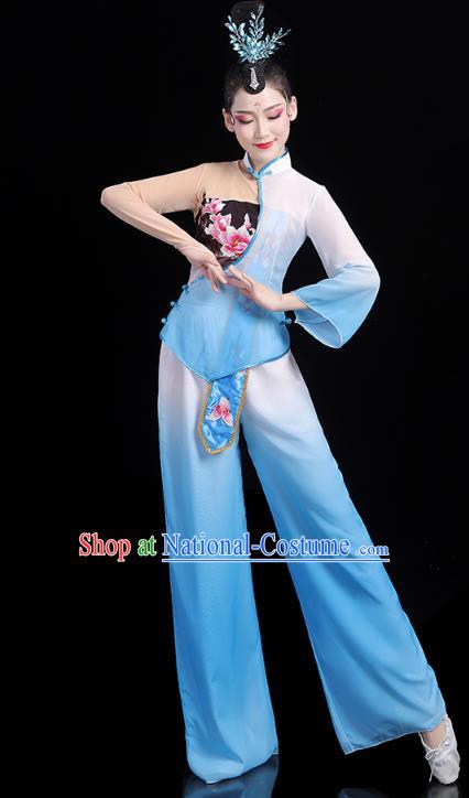 China Traditional New Year Yangko Dance Clothing Fan Dance Costume Folk Dance Blue Outfits