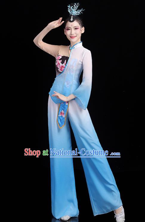 China Traditional New Year Yangko Dance Clothing Fan Dance Costume Folk Dance Blue Outfits