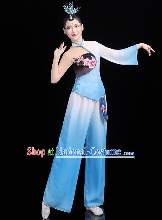 China Traditional New Year Yangko Dance Clothing Fan Dance Costume Folk Dance Blue Outfits