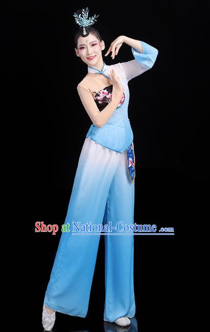 China Traditional New Year Yangko Dance Clothing Fan Dance Costume Folk Dance Blue Outfits