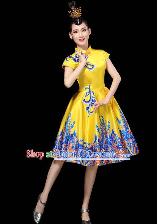 China Group Dance Modern Dance Clothing Spring Festival Gala Opening Dance Performance Yellow Short Dress