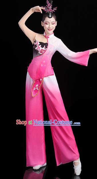 China Folk Dance Fan Dance Rosy Outfits Traditional New Year Yangko Dance Clothing