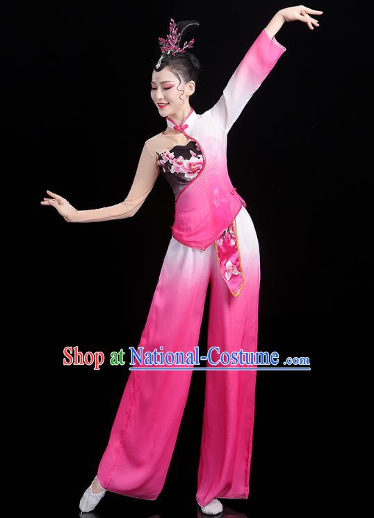 China Folk Dance Fan Dance Rosy Outfits Traditional New Year Yangko Dance Clothing