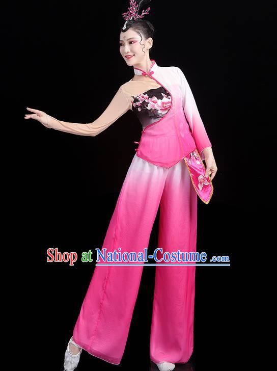 China Folk Dance Fan Dance Rosy Outfits Traditional New Year Yangko Dance Clothing