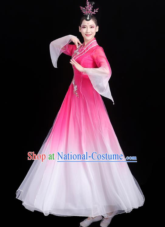 Chinese Classical Dance Rosy Dress Traditional Group Dance Performance Costume Umbrella Dance Clothing