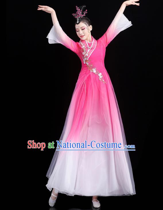 Chinese Classical Dance Rosy Dress Traditional Group Dance Performance Costume Umbrella Dance Clothing