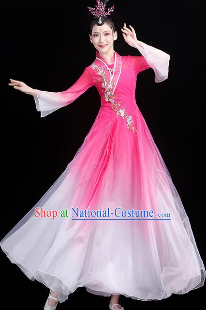 Chinese Classical Dance Rosy Dress Traditional Group Dance Performance Costume Umbrella Dance Clothing