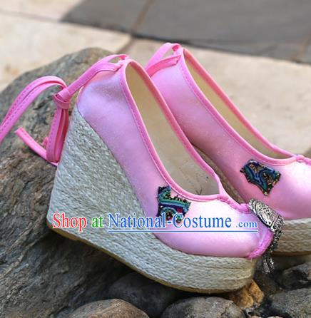 Chinese National Embroidered Pink Cloth Shoes Yunnan Ethnic Silver Tassel Wedge Heel Shoes