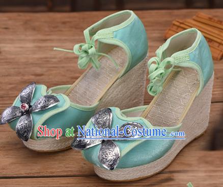 Chinese National Green Cloth Shoes Yunnan Ethnic Silver Wedge Heel Sandal Summer Shoes