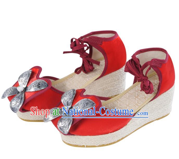 Chinese Yunnan Ethnic Silver Wedge Heel Sandal Summer Shoes National Red Cloth Shoes