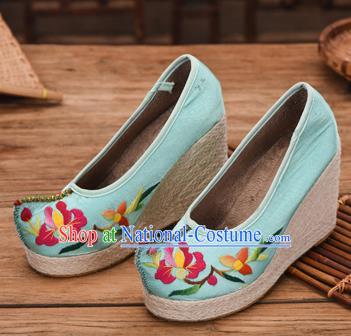 Chinese Yunnan Ethnic Blue Cloth Wedge Heel Shoes National Embroidered Shoes