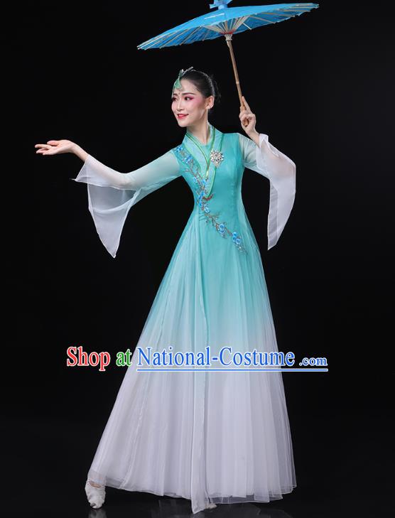 Chinese Classical Dance Blue Dress Traditional Goddess Group Dance Costume Umbrella Dance Clothing