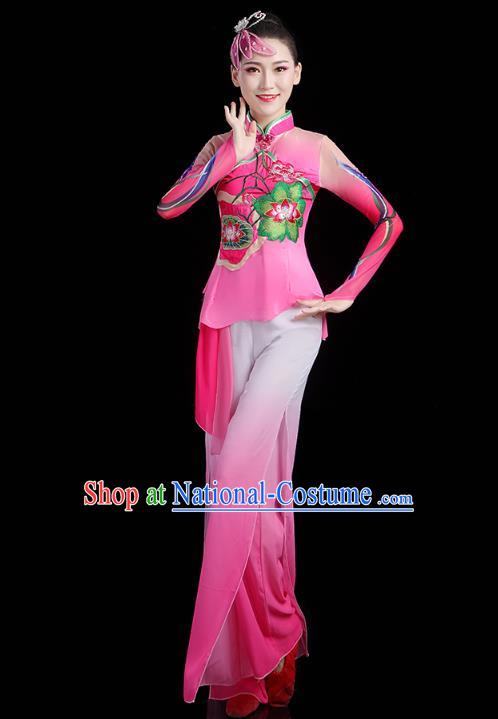 China Fan Dance Yangko Dance Clothing Traditional Folk Dance Lotus Dance Rosy Outfits