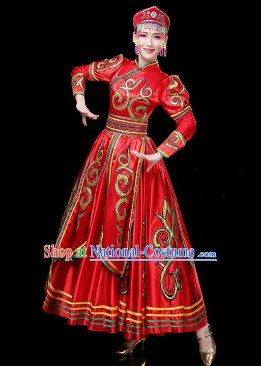 Chinese Mongol Ethnic Folk Dance Red Dress Traditional Mongolian Nationality Wedding Bride Costume