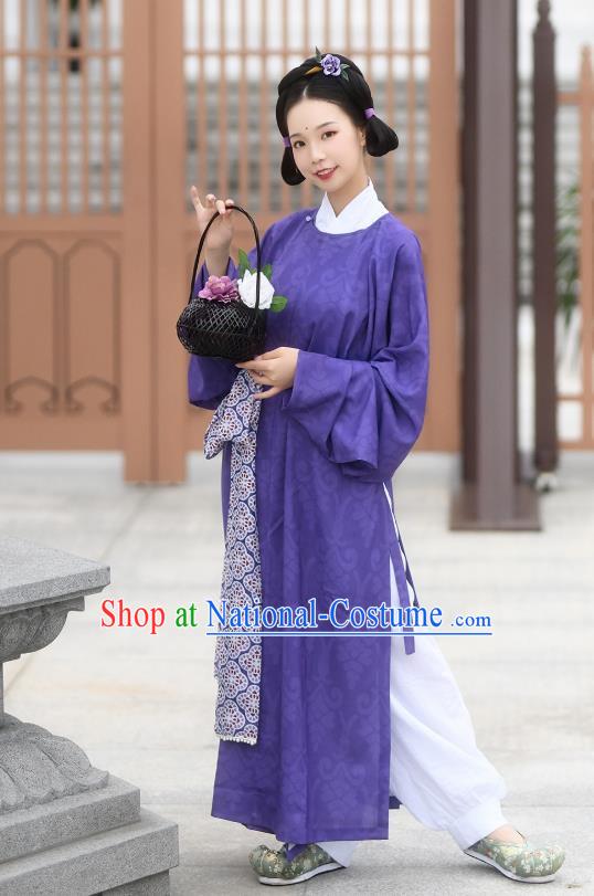 China Tang Dynasty Young Lady Historical Costume Ancient Court Maid Purple Hanfu Robe