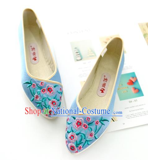 China Handmade Blue Cloth Shoes Embroidered Flowers Shoes Traditional Qing Dynasty Palace Lady Shoes