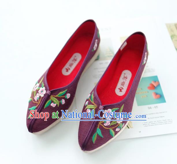 China Traditional Folk Dance Shoes Handmade Purple Cloth Shoes Embroidered Flowers Shoes