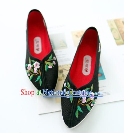 China National Embroidered Flowers Shoes Traditional Folk Dance Shoes Handmade Black Cloth Shoes